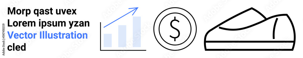 Bar chart with upward arrow, dollar sign in a circle, and outline of a shoe. Ideal for business growth, financial success, retail, economic data, sales trends, investment, presentations. Landing page Bar chart with upward arrow, dollar sign in a circle, and outline of a shoe. Ideal for business growth, financial success, retail, economic data, sales trends, investment, presentations. Landing page