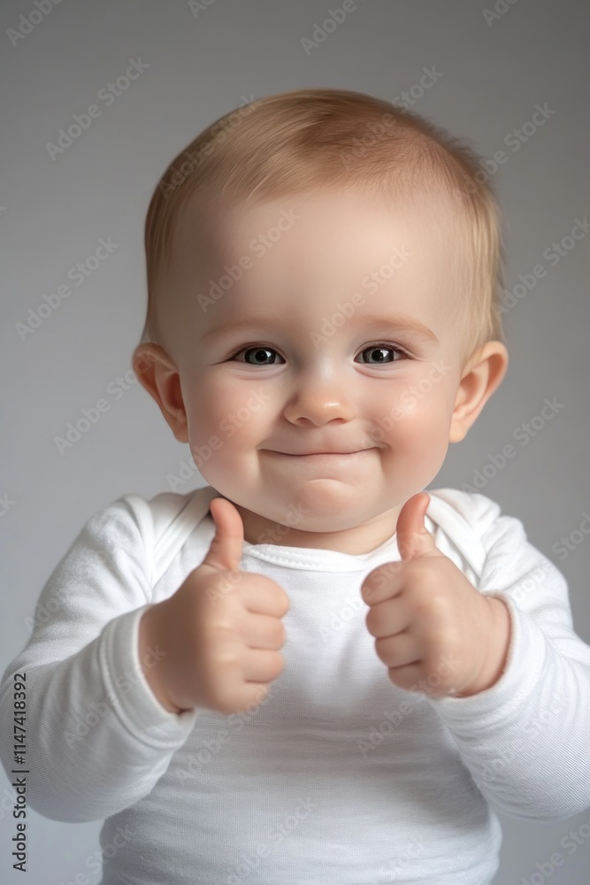 Charming European toddler with fair skin giving double thumbs up gesture, wearing white long sleeve shirt. Professional studio portrait of happy 1-2 year old child for parenting and lifestyle advertis Charming European toddler with fair skin giving double thumbs up gesture, wearing white long sleeve shirt. Professional studio portrait of happy 1-2 year old child for parenting and lifestyle advertis