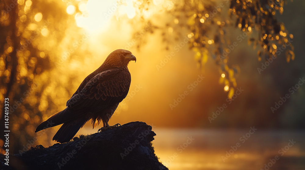 Fototapeta premium Majestic hawk perched at sunset near a tranquil lake. 