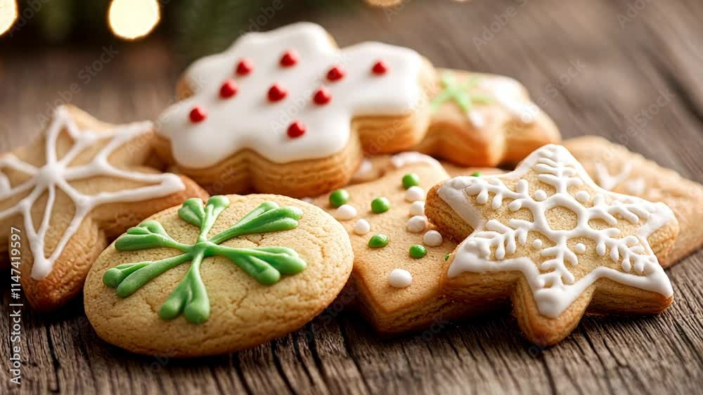 Festively decorated holiday cookies on rustic wooden surface Festively decorated holiday cookies on rustic wooden surface