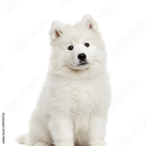 A fluffy Samoyed puppy sitting with a curious tilt to its head. png isolated background. transparent background.