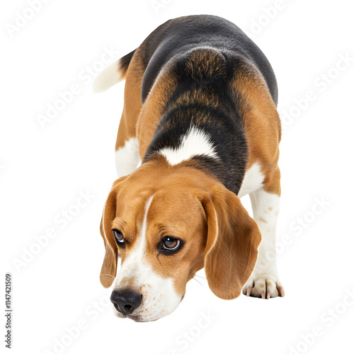 A beagle sniffing the ground with a focused expression. png isolated background. transparent background.
