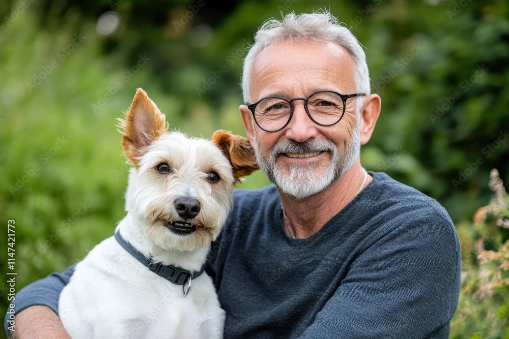 Relaxing Man in His 60s Enjoying Time in Park with Adorable Therapy Dog, Embracing Nature and Friendship in a Peaceful Setting Relaxing Man in His 60s Enjoying Time in Park with Adorable Therapy Dog, Embracing Nature and Friendship in a Peaceful Setting