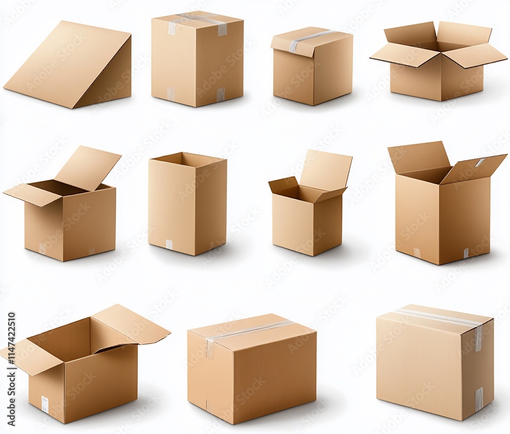 Fototapeta premium Twelve cardboard boxes in various shapes and open/closed positions on white background.