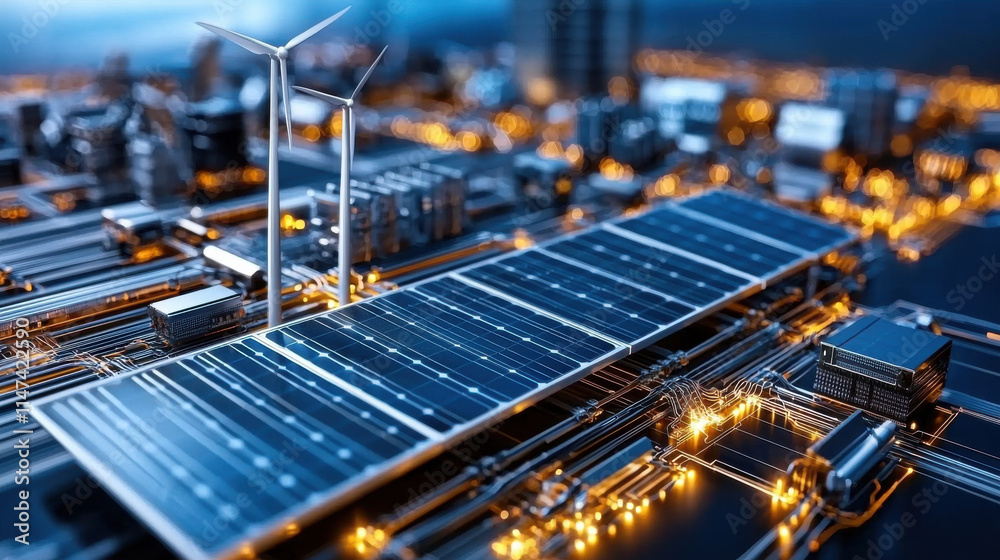 detailed close up of smart grid system featuring solar panels, wind turbines, and interconnected technology, showcasing renewable energy integration and urban infrastructure detailed close up of smart grid system featuring solar panels, wind turbines, and interconnected technology, showcasing renewable energy integration and urban infrastructure