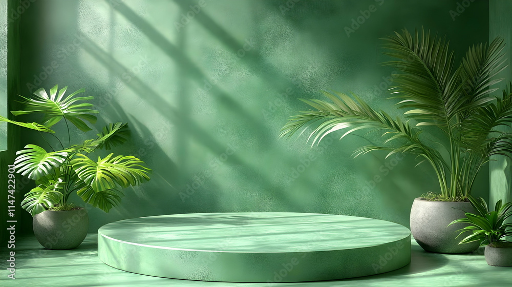 Green Platform with Lush Plants in Sunlight Green Platform with Lush Plants in Sunlight