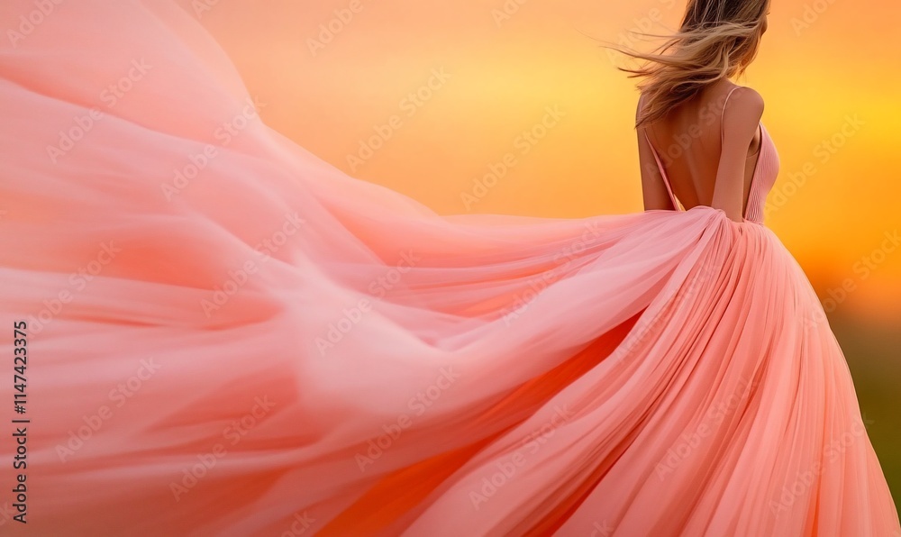 A woman in a flowing pink dress against a sunset backdrop. A woman in a flowing pink dress against a sunset backdrop.