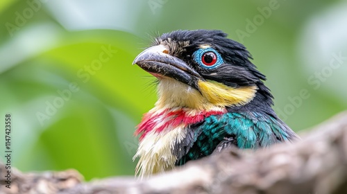 Close-up of a colorful bird perched on a branch. photo