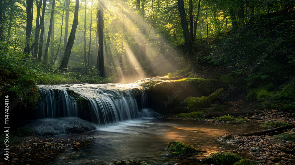 Fototapeta premium Serene forest waterfall with sunlight rays illuminating peaceful stream.