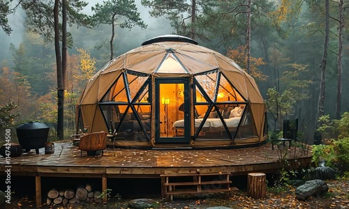 Cozy dome cabin in a forest, blending nature and comfort.