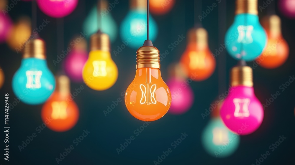 Colorful Hanging Light Bulbs in Vibrant Background Display Colorful Hanging Light Bulbs in Vibrant Background Display