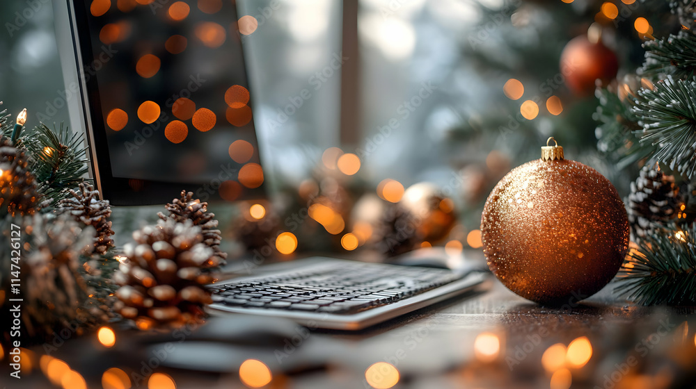 Fototapeta premium Holiday Season: Festive Lights & Computer Work