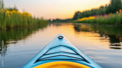 Serene Kayak View on Calm Water at Sunrise with Nature Surroundings