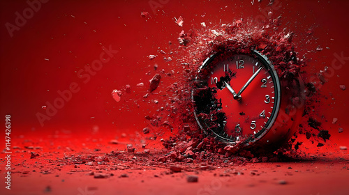 Exploding Clock: Time's Shattered Fragments, A Red Abstract Visual photo