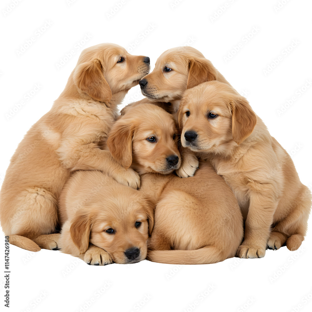 A group of golden retriever puppies cuddled together. png isolated background. transparent background. A group of golden retriever puppies cuddled together. png isolated background. transparent background.