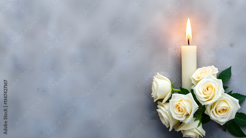 Beautiful composition of a candle and white roses on the Beautiful composition of a candle and white roses on the