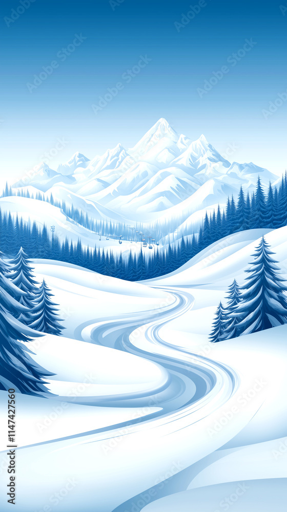 Fototapeta premium A snowy mountain range with a river running through it. The scene is peaceful and serene, with the snow-covered trees and mountains creating a sense of calm and tranquility