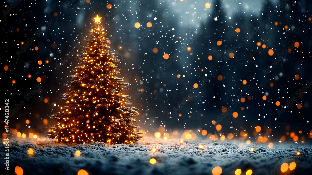 Naklejka premium Magical Christmas Tree Glows Brightly in Snowy Night
