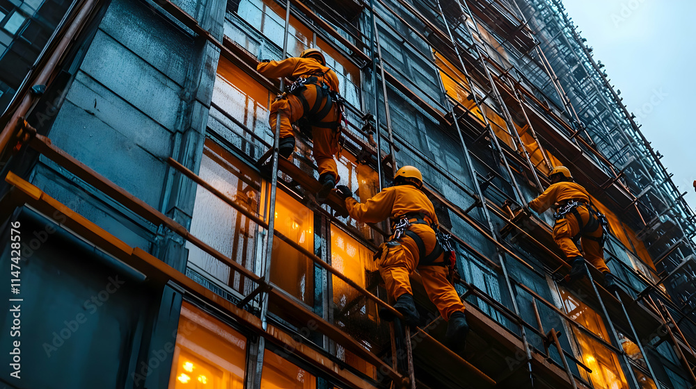 Fototapeta premium Workers Scaling Building Facade with Safety Gear