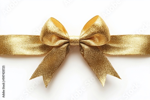 Gold glitter ribbon bow isolated on white background.