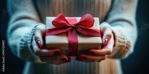 close up of female hands holding a gift for valentine day