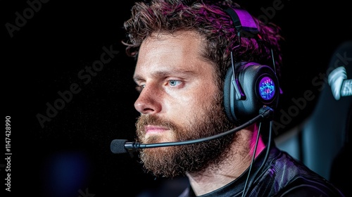 Focused gamer with headset, serious expression.