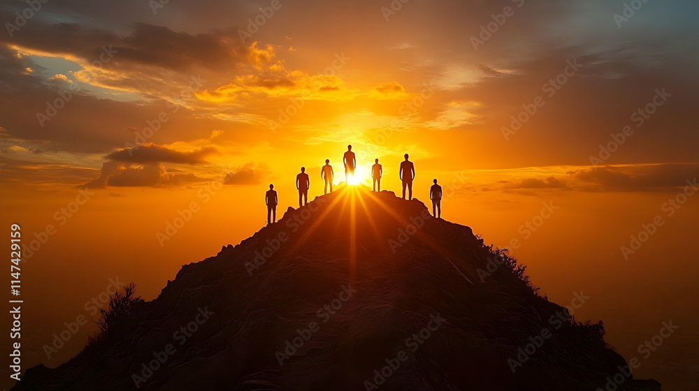 Team Reaching Summit at Sunset, Achieving Goals Team Reaching Summit at Sunset, Achieving Goals