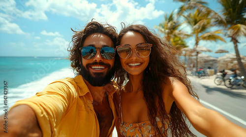 Couple Takes Sunny Beach Selfie, Tropical Vacation Fun photo