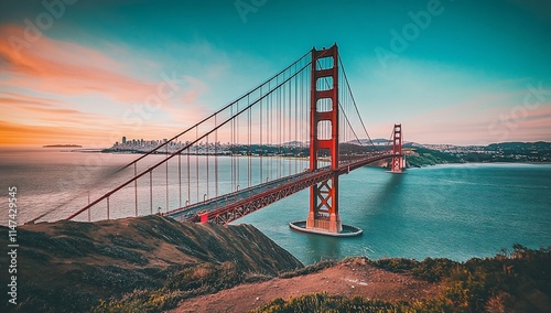 Golden Gate Bridge at sunset, San Francisco.