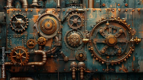 Intricate Steampunk Gear Panel: A Complex Array of Bronze and Copper Mechanisms