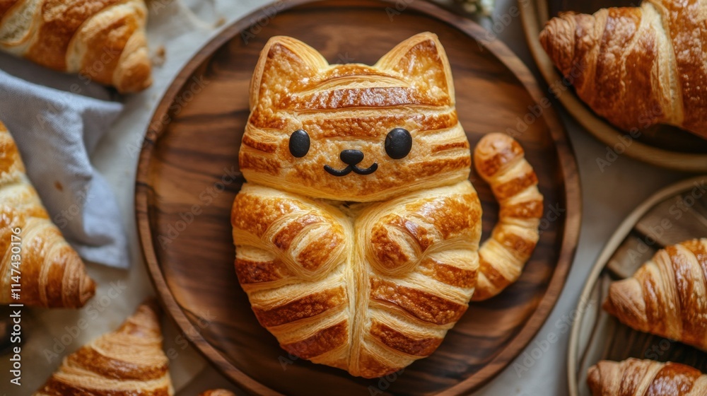 custom made wallpaper toronto digitalAdorable cat-shaped croissant pastry on wooden board.