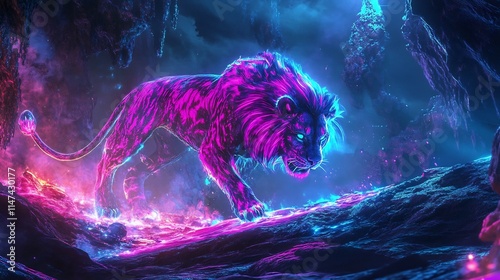 Neon Lion in a Mystical Cave: A Digital Art Masterpiece photo