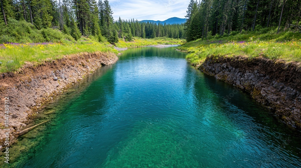 Fototapeta premium Serene River Surrounded by Lush Green Forest and Clear Blue Sky