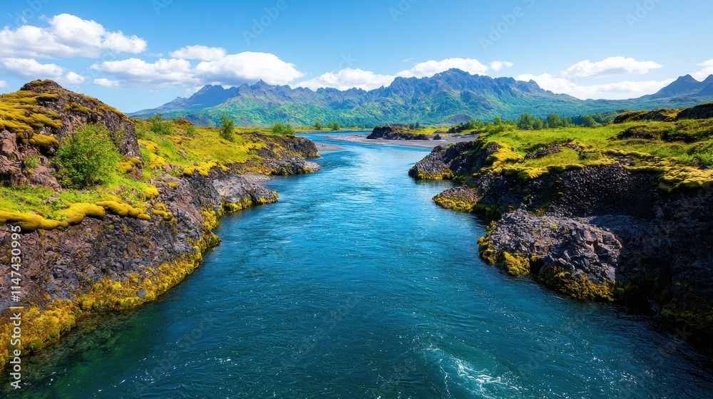Obraz premium Serene Blue River Flowing Between Lush Green Mountains and Rocks