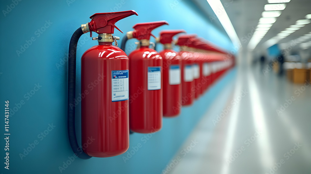 Red Fire Extinguishers Line a Wall Safely Red Fire Extinguishers Line a Wall Safely