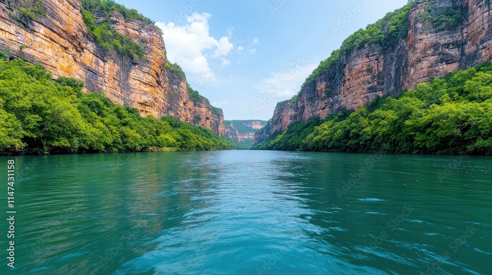 Serene River Flowing Through Lush Green Canyon Landscape Serene River Flowing Through Lush Green Canyon Landscape
