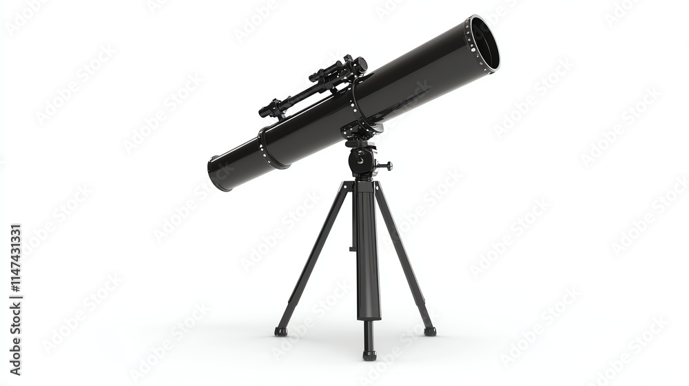 Telescope, black design, white isolated background.