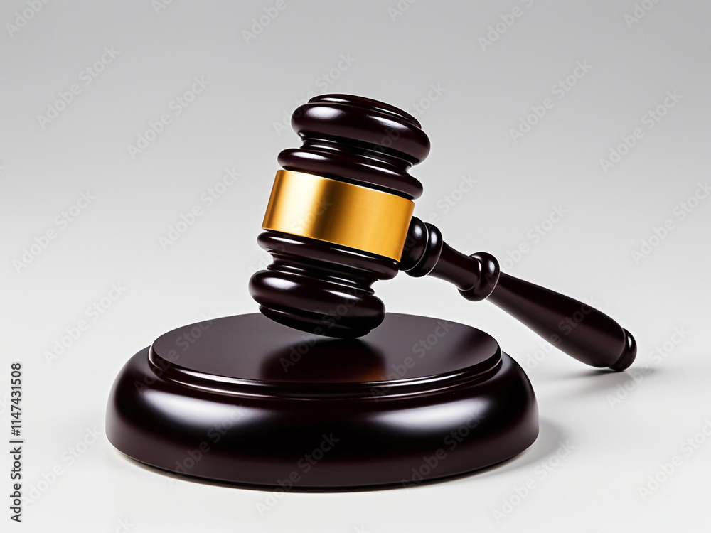 A wooden gavel on a table, representing the legal system and judicial process on white background A wooden gavel on a table, representing the legal system and judicial process on white background