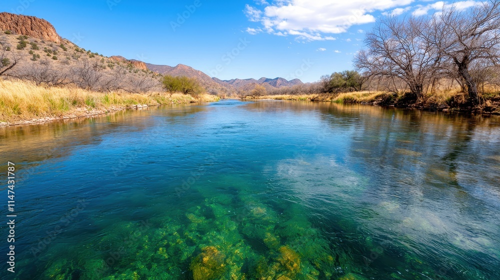 Serene River Landscape with Clear Water and Mountain Backdrop Serene River Landscape with Clear Water and Mountain Backdrop