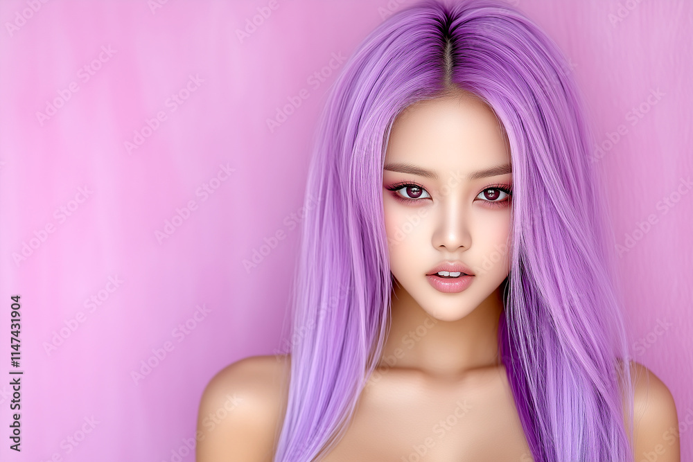 A woman with purple hair is standing in front of a pink wall. She has a smile on her face and her hair is long and flowing A woman with purple hair is standing in front of a pink wall. She has a smile on her face and her hair is long and flowing