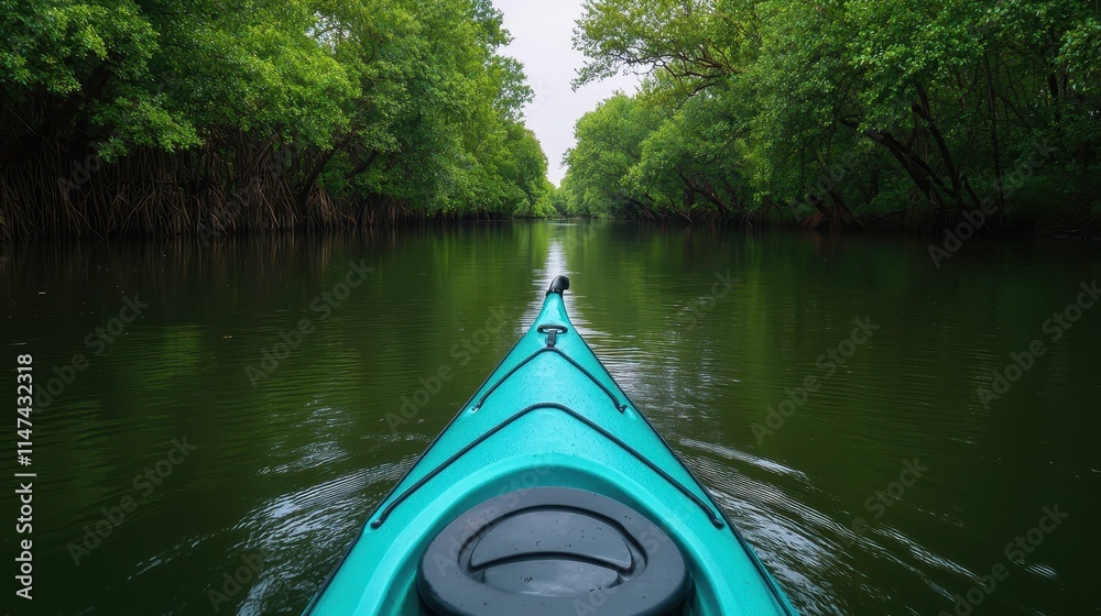 Fototapeta premium Serene Kayaking Adventure Through Lush Green Forested River