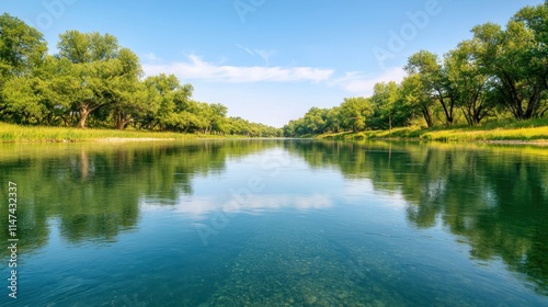 Tranquil River Landscape with Lush Green Trees and Clear Sky