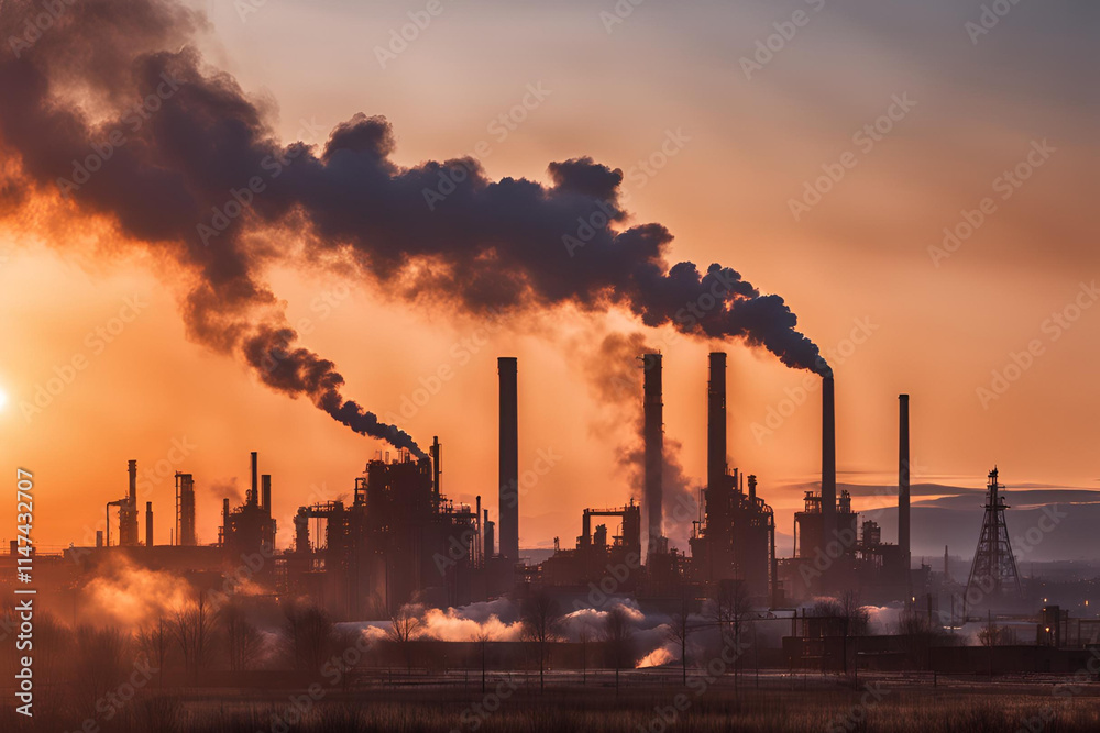 Industrial factory with smokestacks releasing thick smoke into the sky, set during the evening with a warm orange sunset in the background, casting long shadows over the scene.
Industrial factory with smokestacks releasing thick smoke into the sky, set during the evening with a warm orange sunset in the background, casting long shadows over the scene.