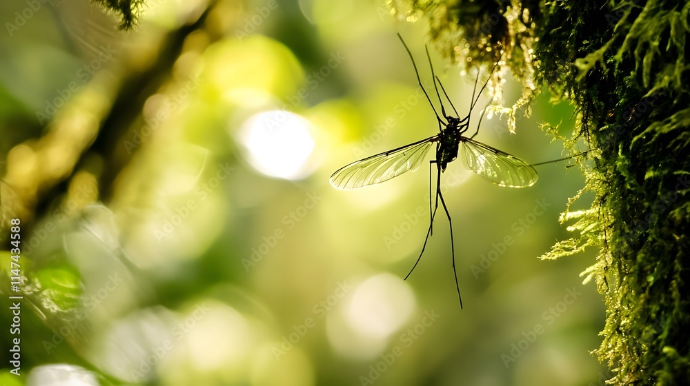 Tropical rainforest scene featuring a mosquito in the foreground, showcasing the intricate balance and biodiversity of life in a lush, vibrant ecosystem Tropical rainforest scene featuring a mosquito in the foreground, showcasing the intricate balance and biodiversity of life in a lush, vibrant ecosystem