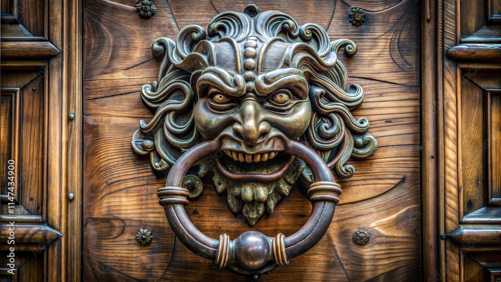 Intricate door knocker shaped like a lion's head on wooden door
Intricate door knocker shaped like a lion's head on wooden door