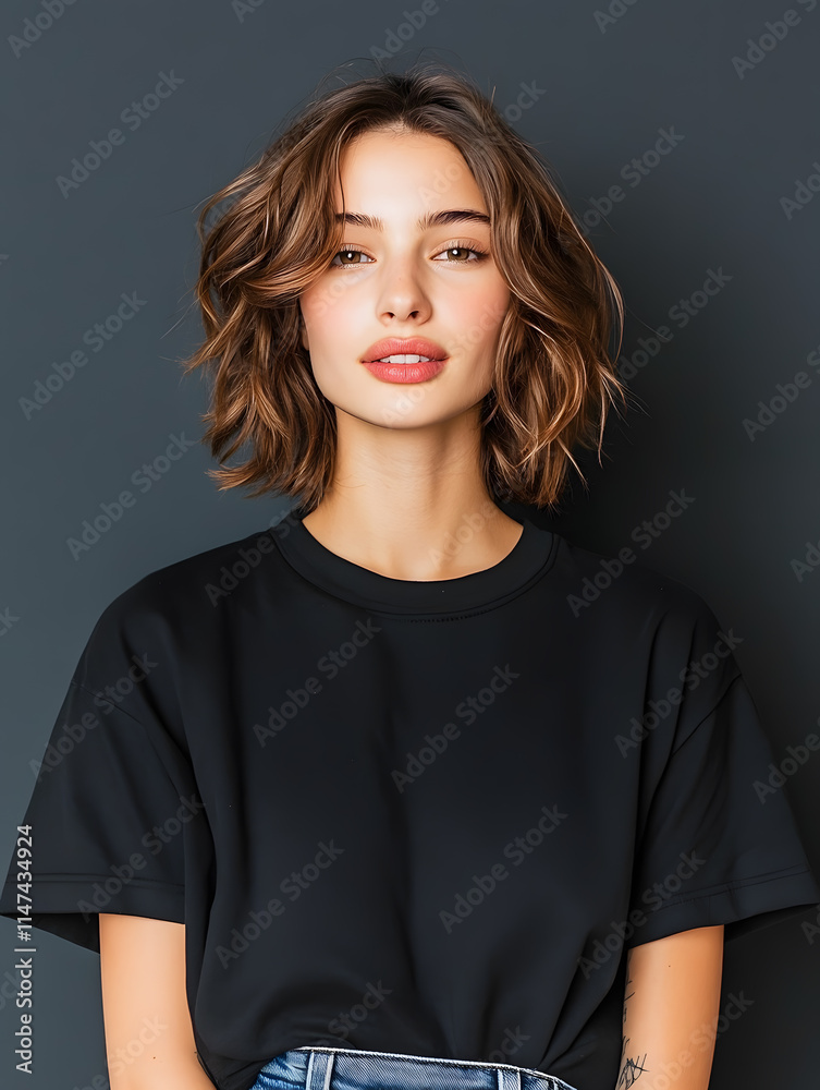 Fototapeta premium The teenager wear an oversized t-shirt and smiled casually. Take dynamic vertical photos