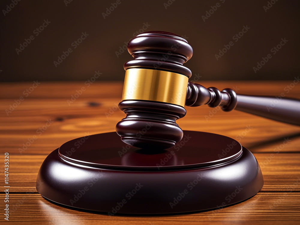 A wooden gavel on a table, representing the legal system and judicial process on white background A wooden gavel on a table, representing the legal system and judicial process on white background