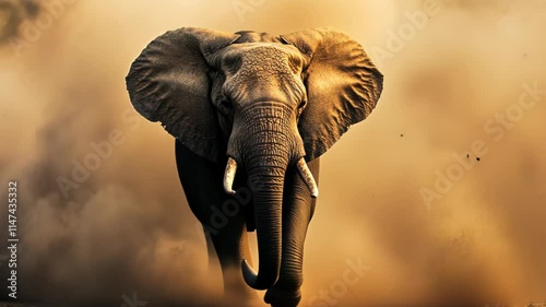 Majestic African Elephant Charging Through Dust Cloud