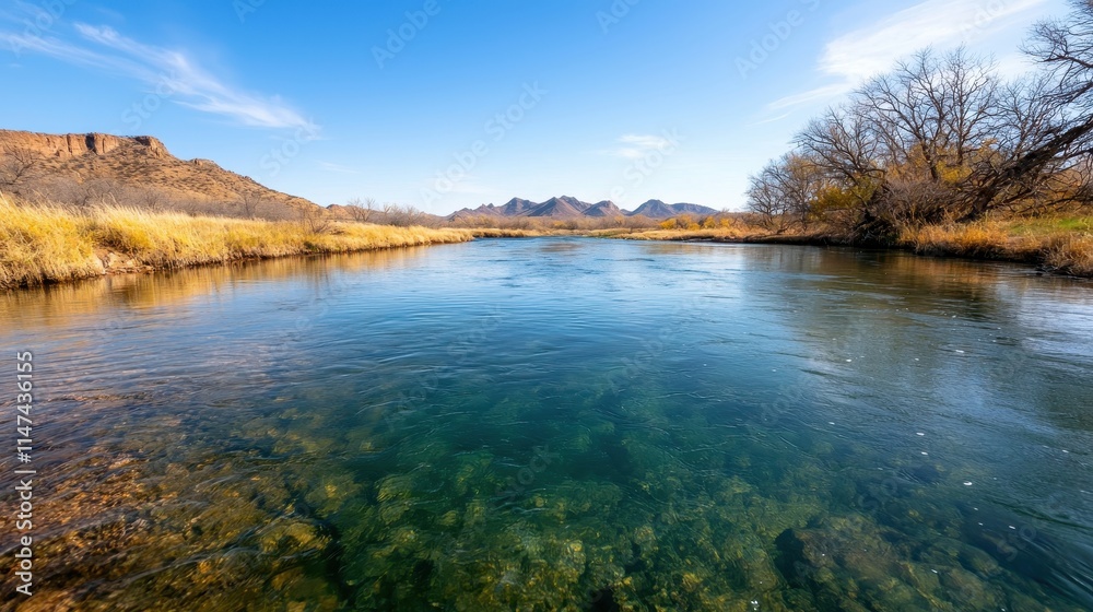 Tranquil River Landscape with Clear Water and Scenic Mountains Tranquil River Landscape with Clear Water and Scenic Mountains