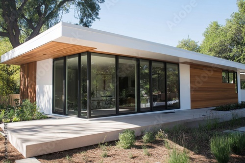 Modern Home Design Showcasing Solar Panels and Innovative Composting Solutions in a Sustainable Landscape